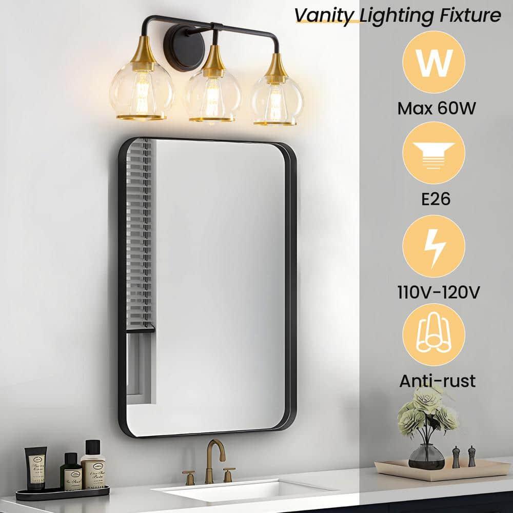 KAISITE 3-Light Black & Gold Dimmable Vanity Light with Clear Glass Shades