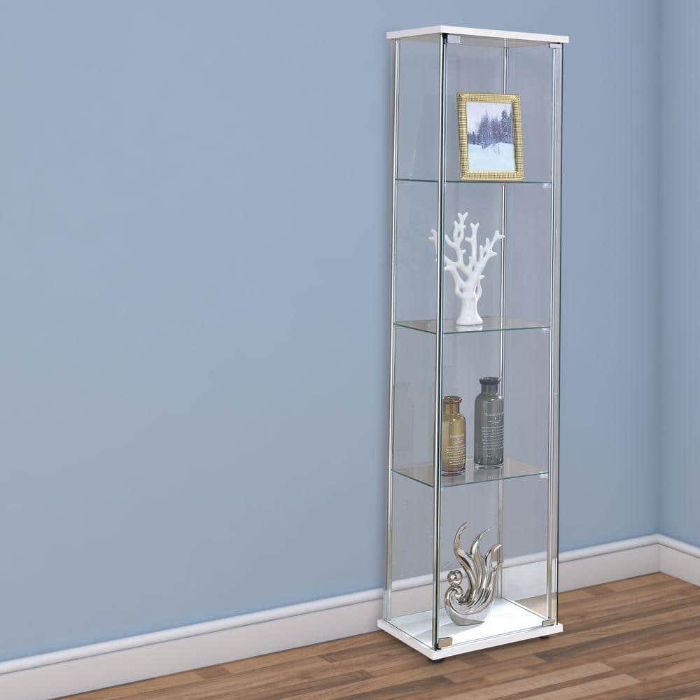 XilhXLy Rectangular 4-Shelf Clear Curio Cabinet, 63.75" H x 14.25" W x 16.75" D, White, Chrome, 951072
