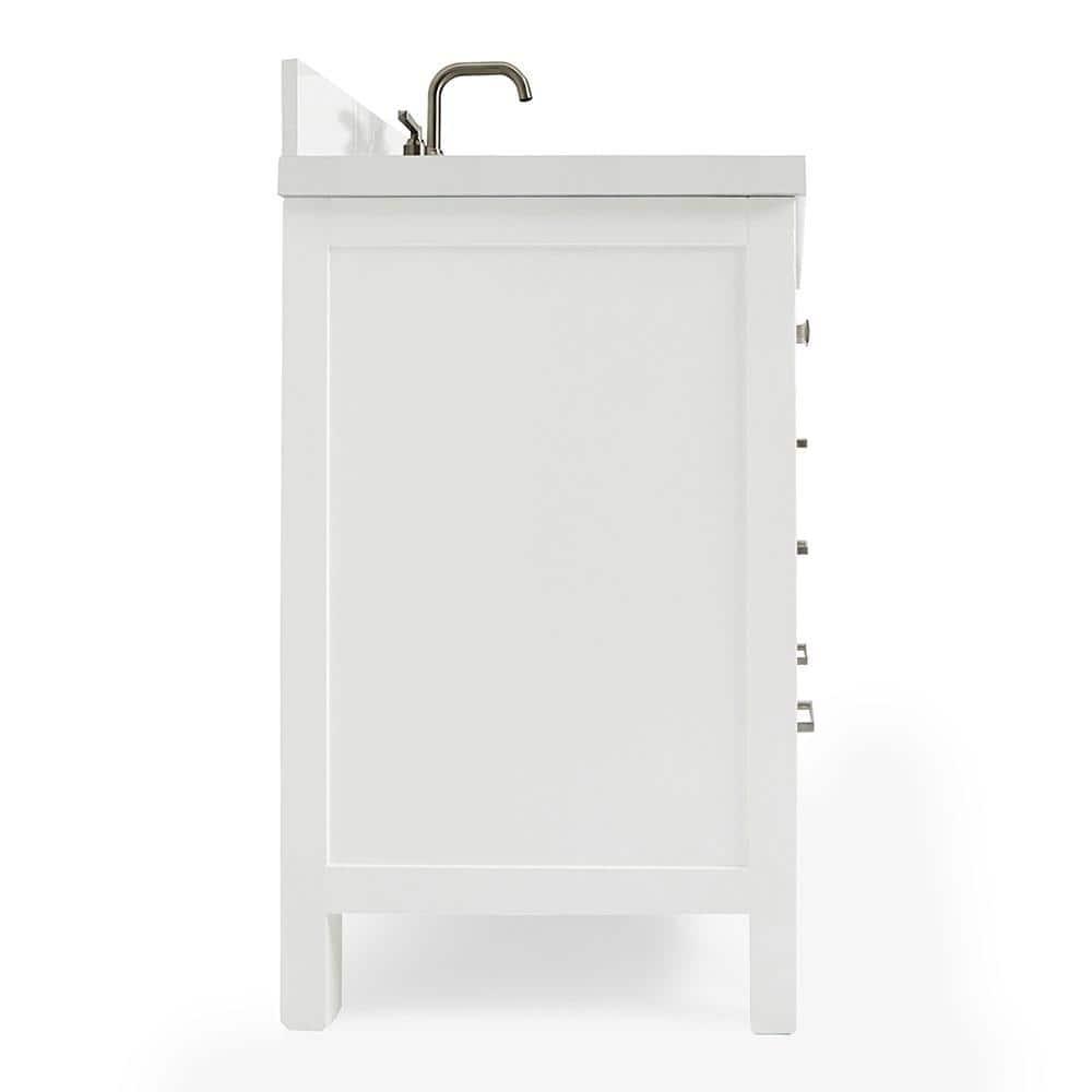 ARIEL 49" Bathroom Vanity with 1.5" Edge Pure White Quartz Countertop & Backsplash, Center Rectangular Sink, 2 Soft Closing Doors, 9 Full Extension Dovetail Drawers, Brushed Nickel - White