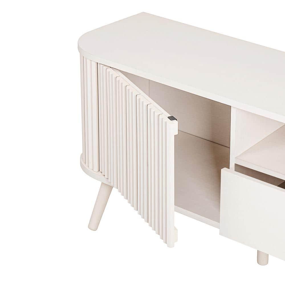 JONATHAN Y Damien 70 in. Farmhouse Curved TV Stand with Drawer and Storage Doors Fits TVs up to 75 in. with Cable Management, Off-White