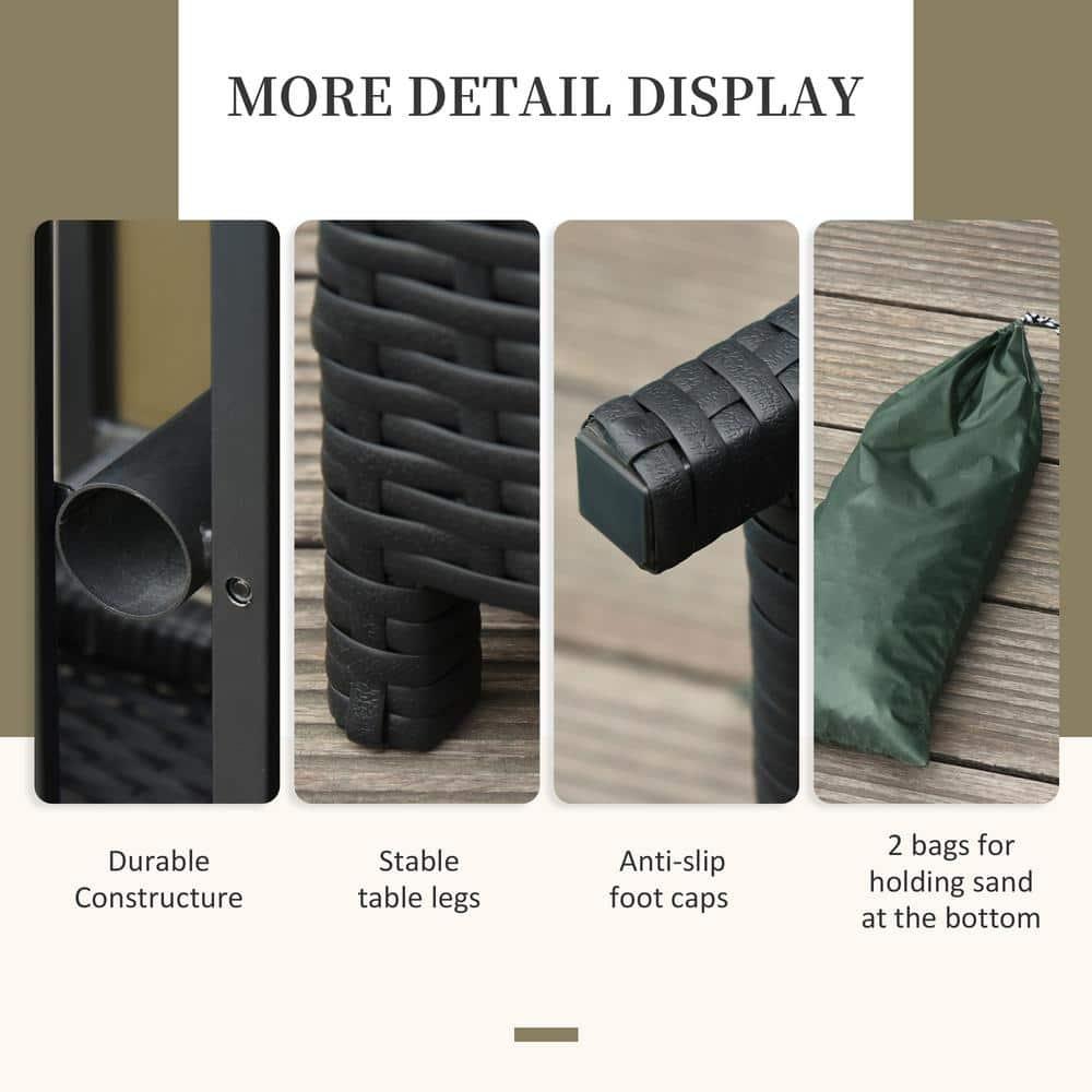 Outsunny 22'' Rattan Wicker Side Table with Steel Frame, Umbrella Insert Hole, Sand Bag for Outdoor, Patio, Garden, Backyard, Black & Tan