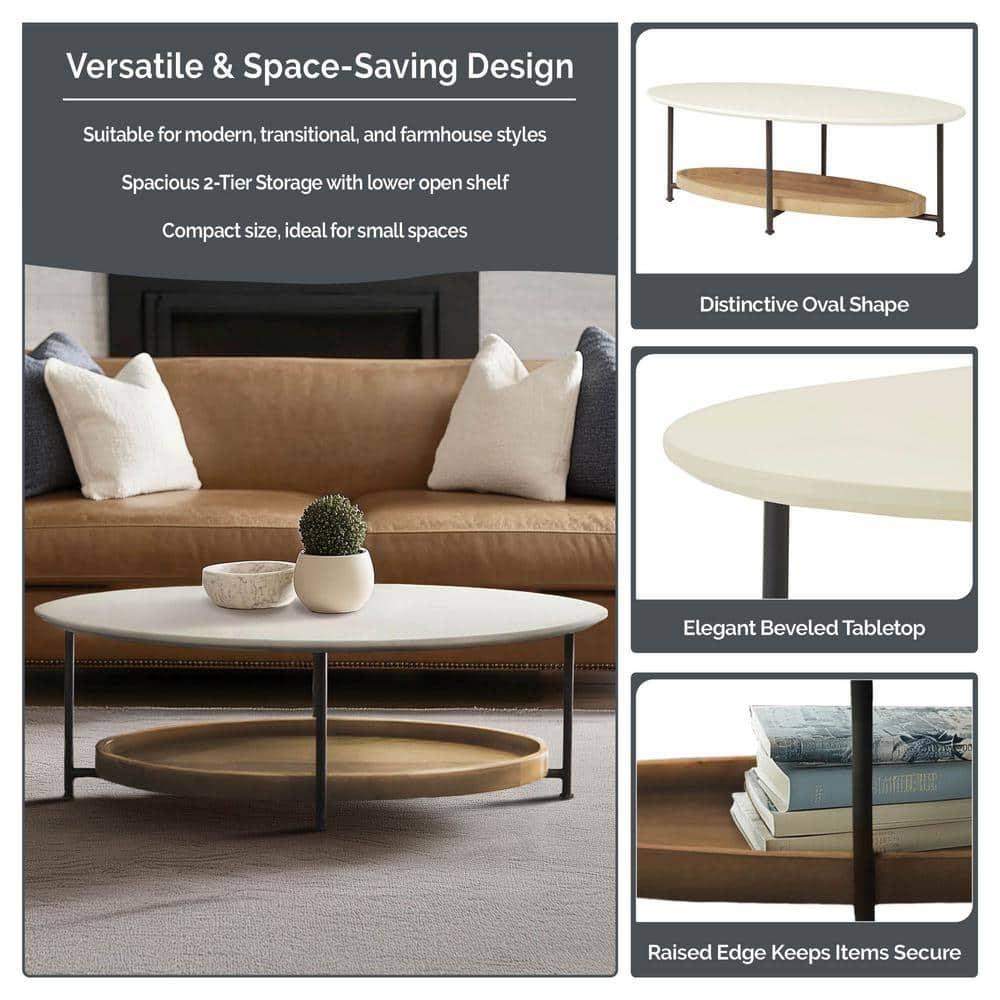 Blandford Coffee Table White/Natural - Madison Park: Metallic Finish, Open Shelf, Oval Shape for Living Room