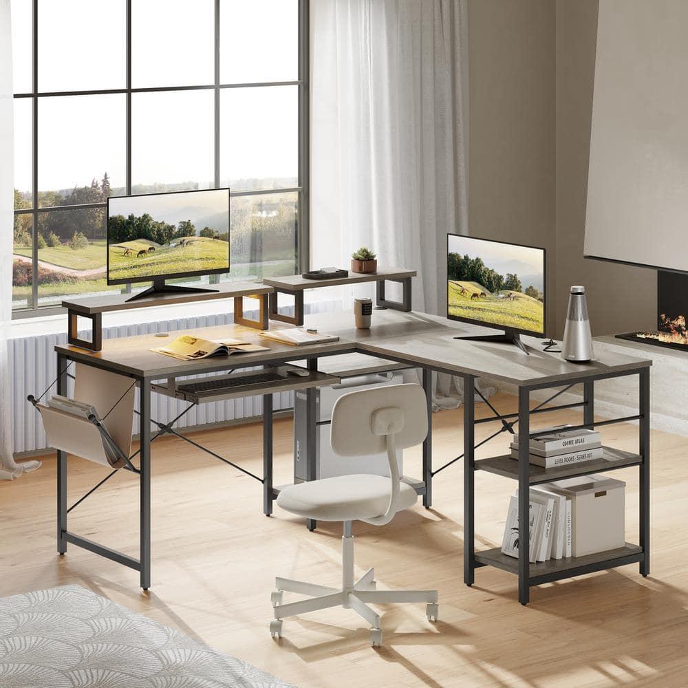 Bestier 59inch L Shaped Computer Desk with Keyboard Tray Grey