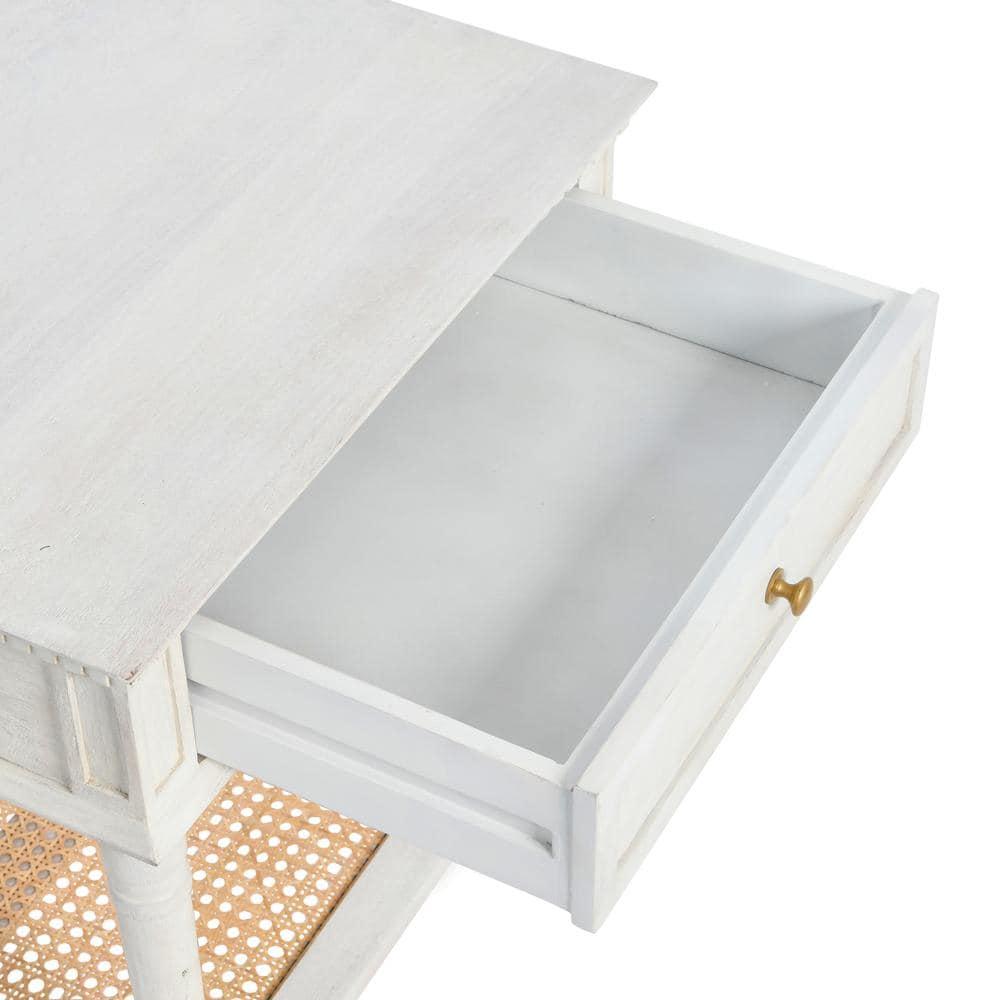 Creative Co-Op Maxwelton Solid Wood End Table with Drawer and Woven Cane Storage Shelf, Distressed White and Natural