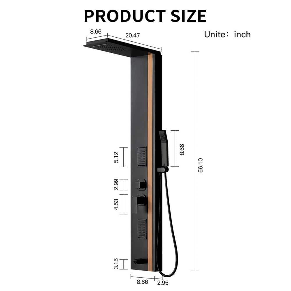 BWE 2-Jet Rainfall Shower Panel System with Rainfall Waterfall Shower Head and Shower Wand