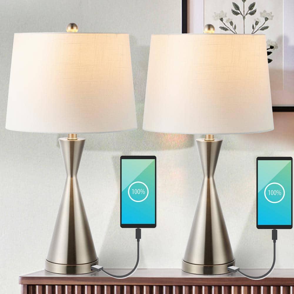 JONATHAN Y JYL4046A-SET2 Colton 26" Classic French Country Iron LED Table Lamp with USB Charging Port, for living room, dinning room, bedroom, office Bulb Included, Nickel (Set of 2)