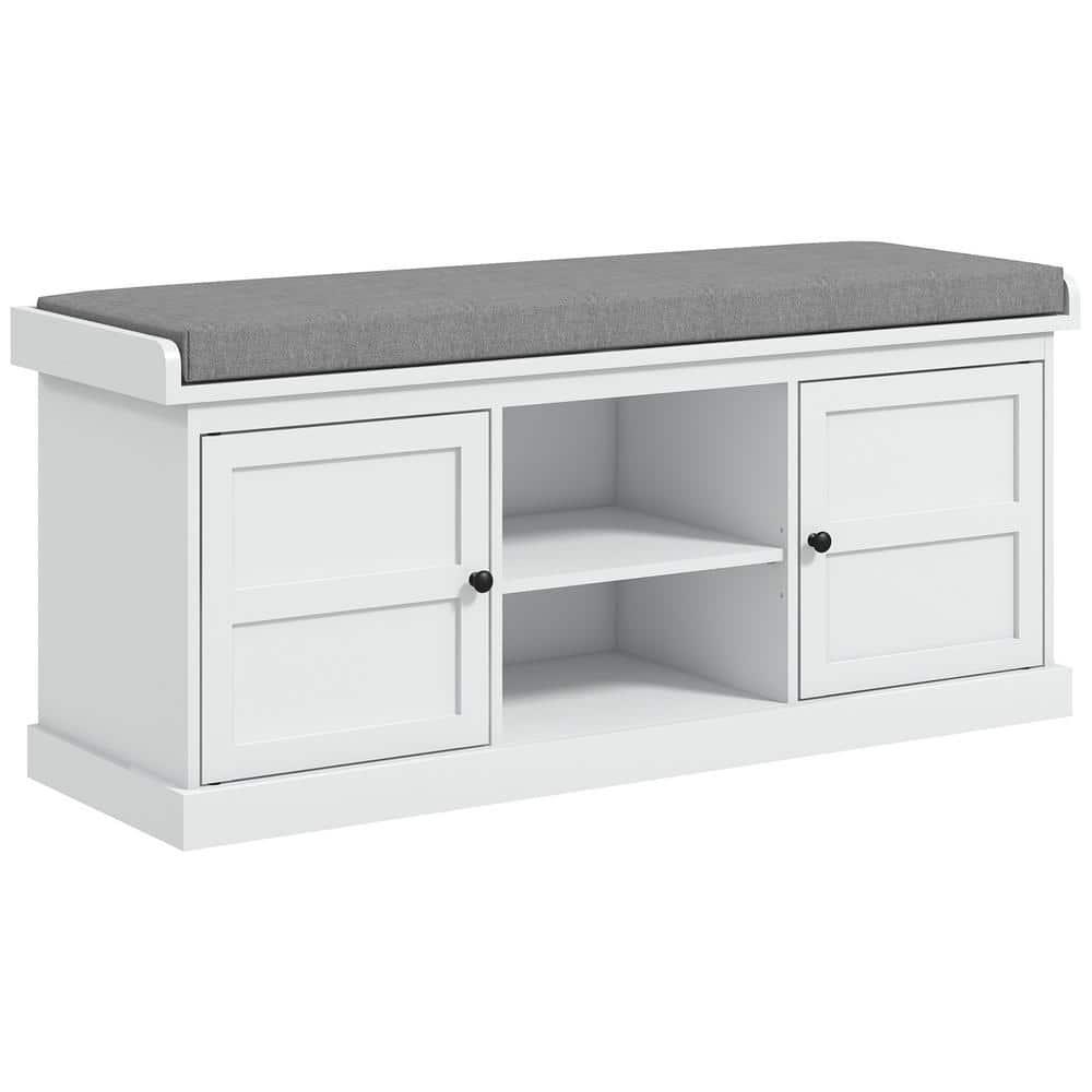 HOMCOM Shoe Bench with Cushion, Storage Bench for Entryway with Padded Seat, 2 Cabinets and Adjustable Shelf for Hallway, Living Room, Bedroom, White