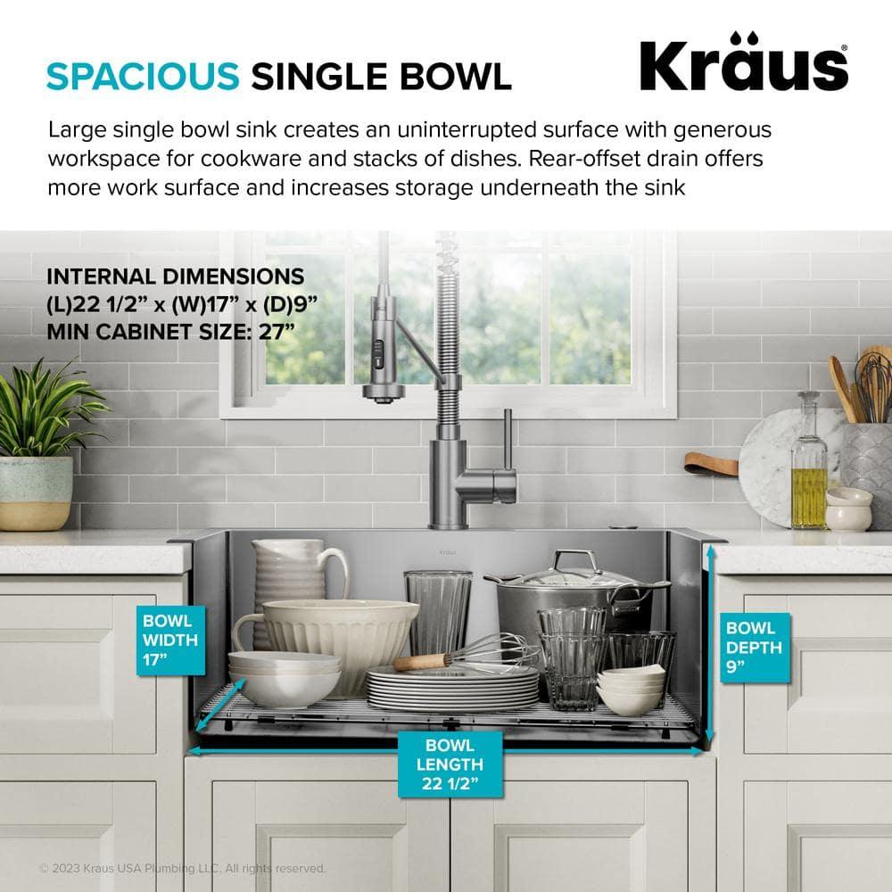 Kraus KHT411-25 Standart Pro Drop-in Topmount 16 Gauge Single Bowl 2-Hole Stainless Steel Set (5 Item Bundle: Sink, Bottom Grid, Assembly, Drain Cap, Kitchen Towel), 25 Inch, Tight Radius