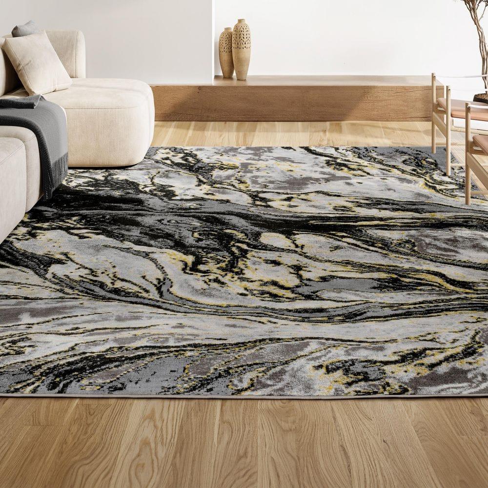 3'x5' Swirl Marbled Abstract, Black/Yellow - JONATHAN Y