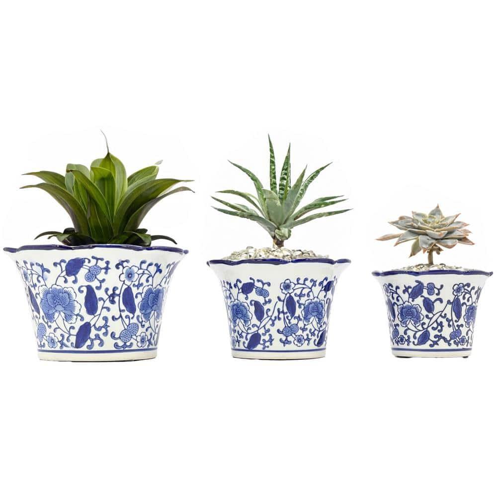 Set of 3 Blue & White Floral Ceramic Pots Ruffled Lip