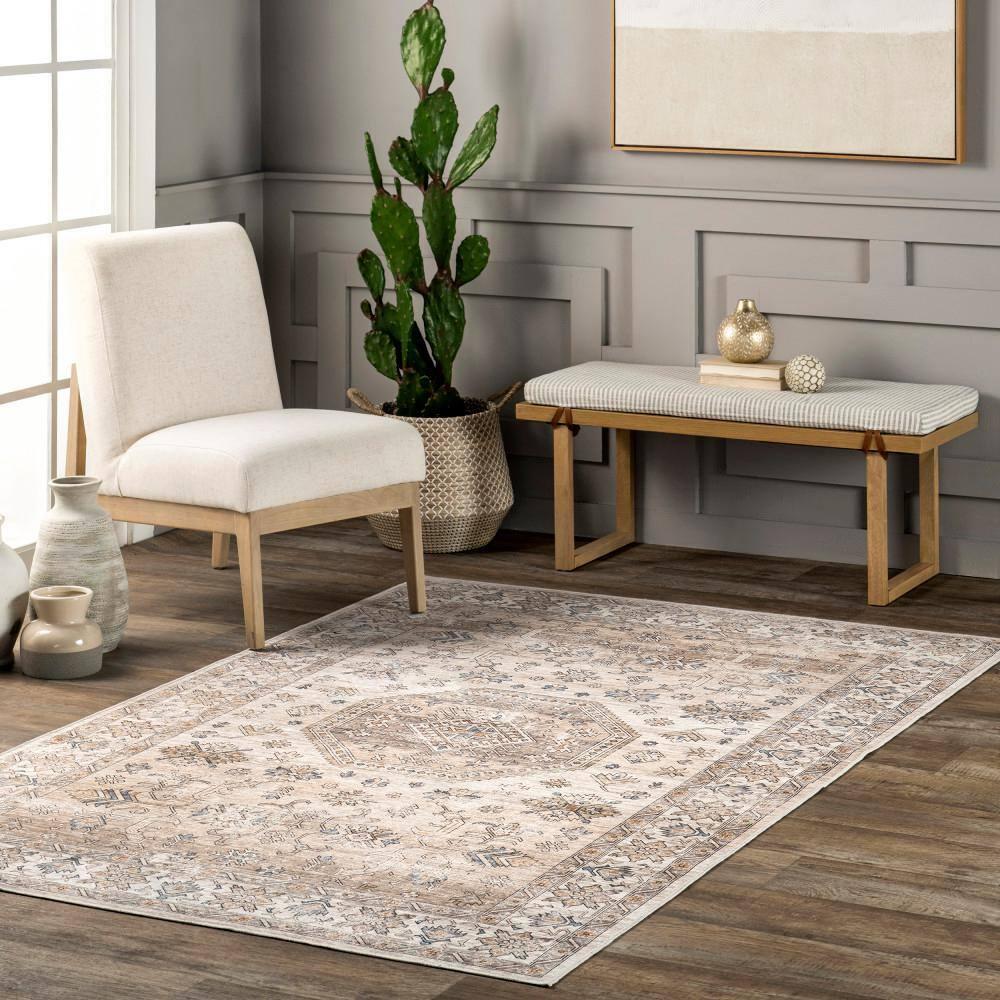 Nuloom Darby Medallion 2x3 Spill Proof Machine Washable Accent Indoor Area Rug for Living Room Bedroom Dining Room Entryway, Beige/Ivory
