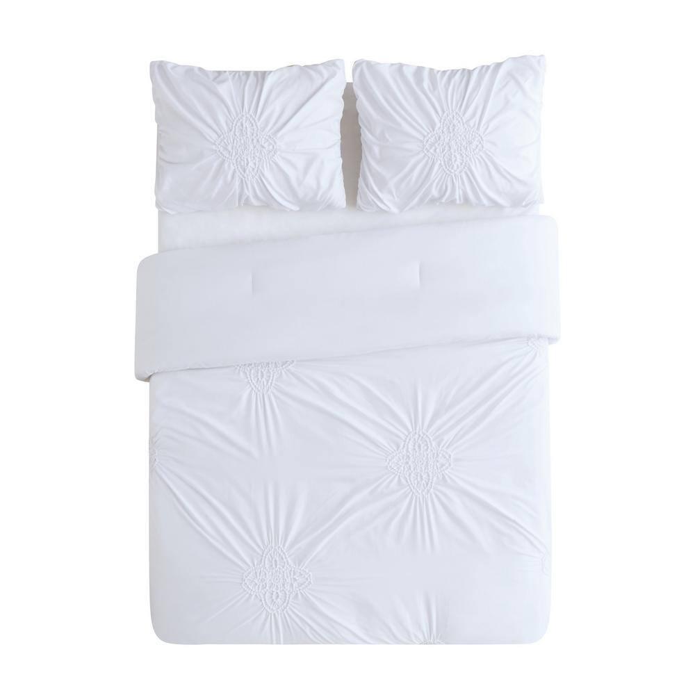 White Microfiber King Ruffled Duvet Cover Set with Shams
