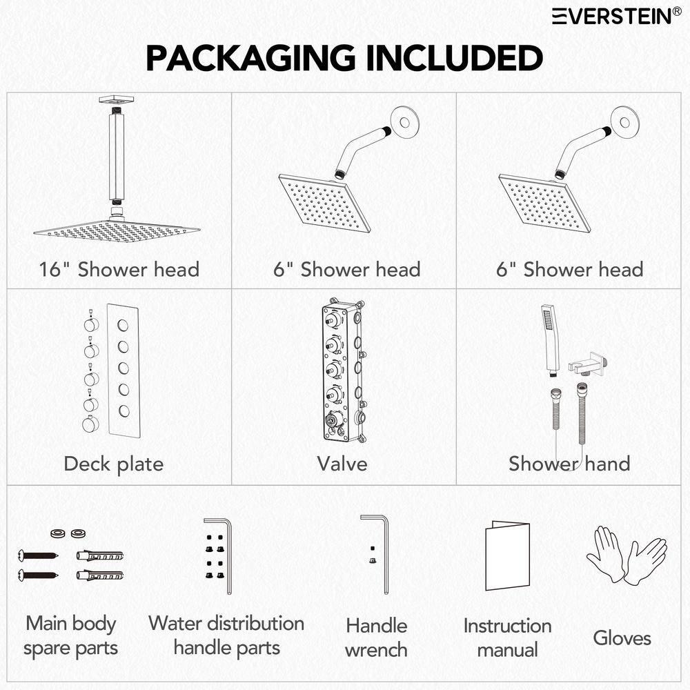 15-Spray Patterns 16" & 6" Triple Shower Heads, Shower FaucetSystem with Thermostatic Rough-in Valve