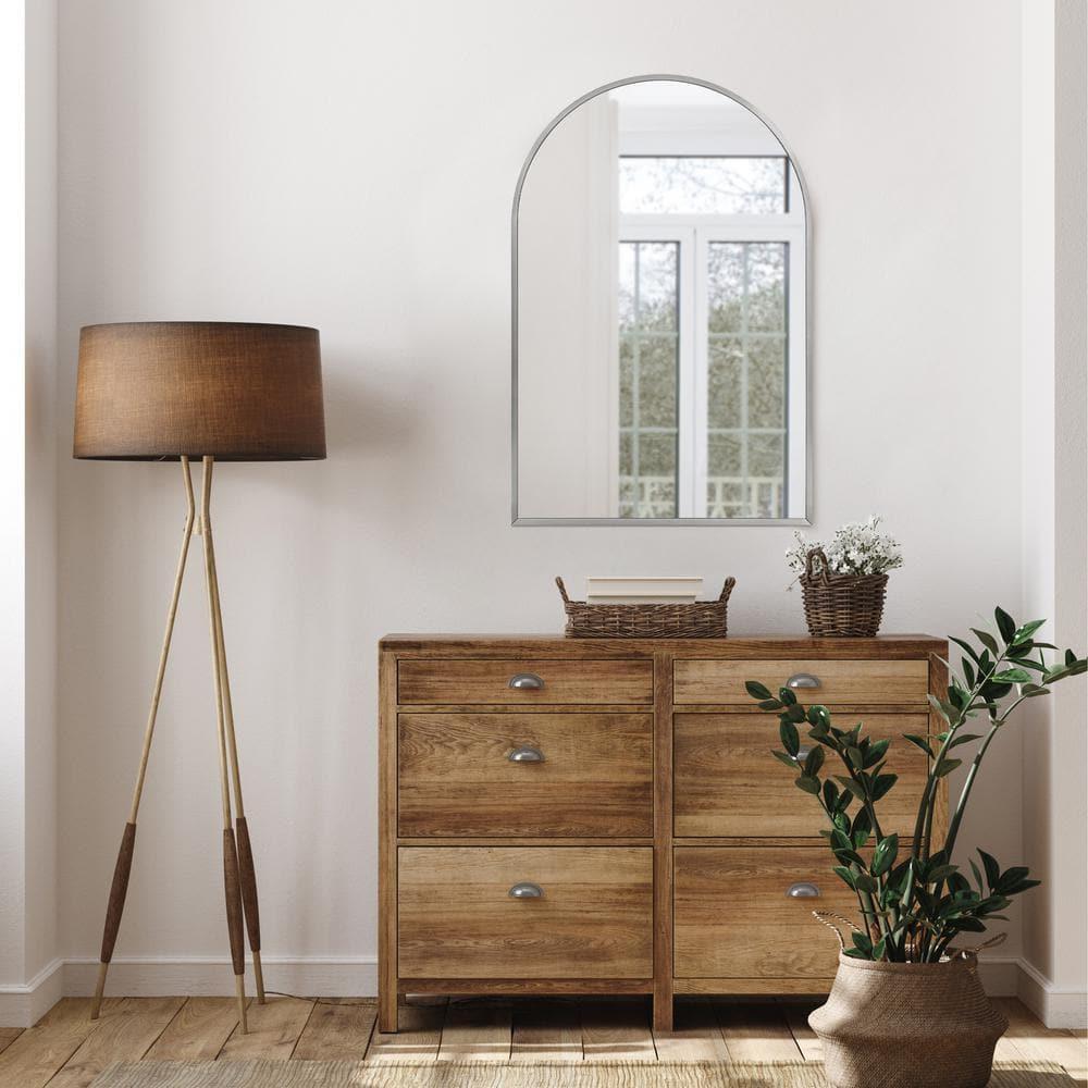 Maeve Arched Wall Accent Mirror – 36-Inch H X 24-Inch L, Modern Metal Framed – Living Room, Bedroom, Bathroom Vanity Mirror – Silver – Design House, 596726-SLV