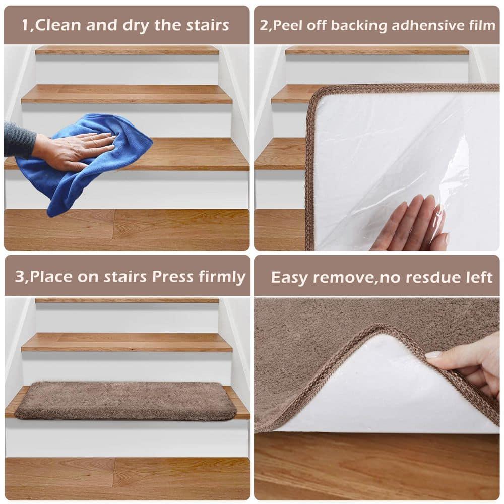 Soft Plush Brown 9.5 in. x 30 in. x 1.2 in. Bullnose Indoor Stair Tread Cover Tape Free Non-slip Carpet Set of 14