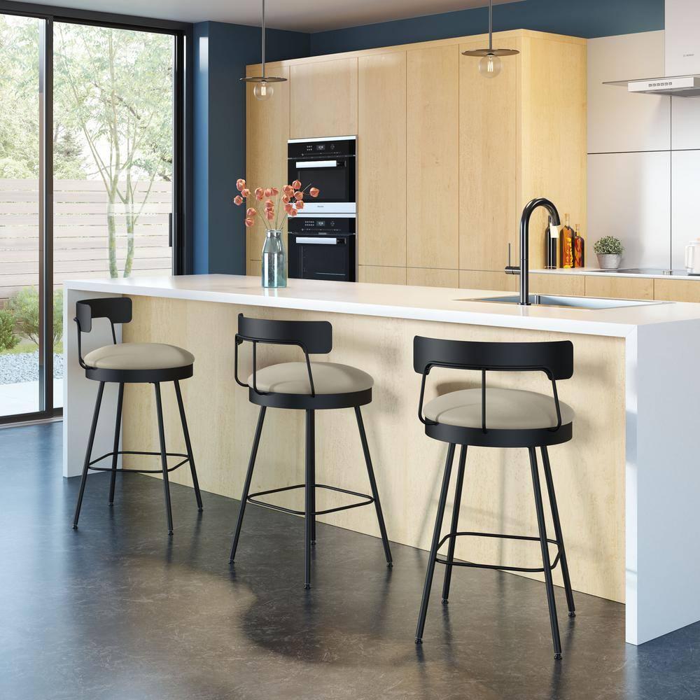 Greige Faux Leather Swivel Bar Stool with Black Metal Base