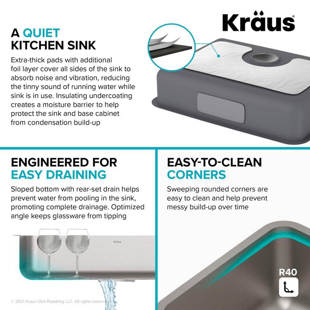 Kraus KA1AS25B Dex™️ Series KRAUS 25" L Undermount 16 Gauge Stainless Steel Single Bowl ADA Kitchen Sink