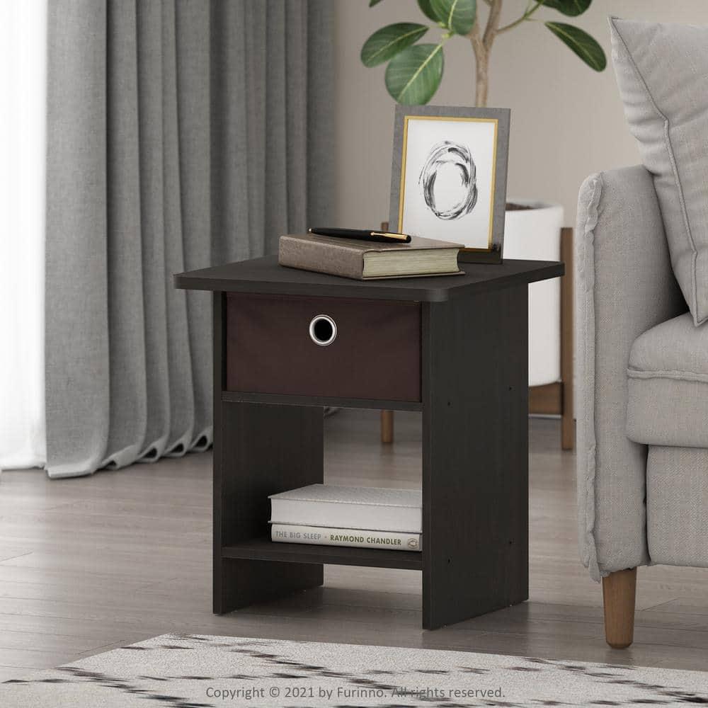 Furinno 10004 End Table / Nightstand Storage Shelf with Bin Drawer, Dark Espresso/Brown