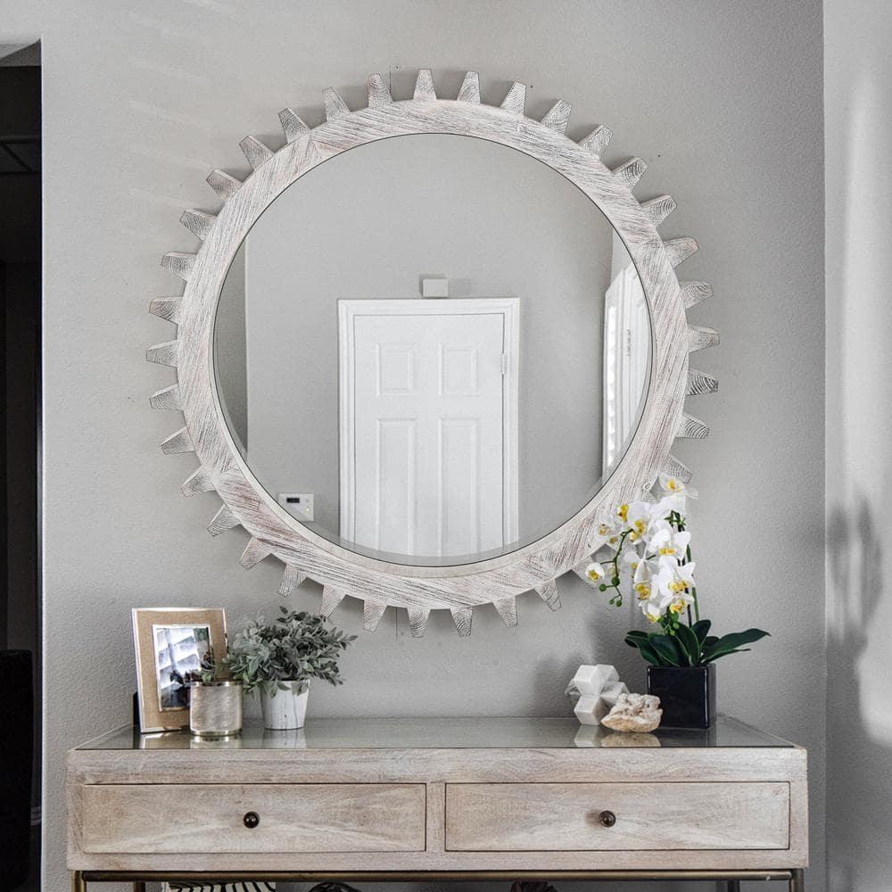 17 Stories Vintage 34'' X 34'' Wood Round Hanging Gear Shape Heavy Decorative Mirror For Bathroom Living Room Entryway Or Put Together To Your Liking