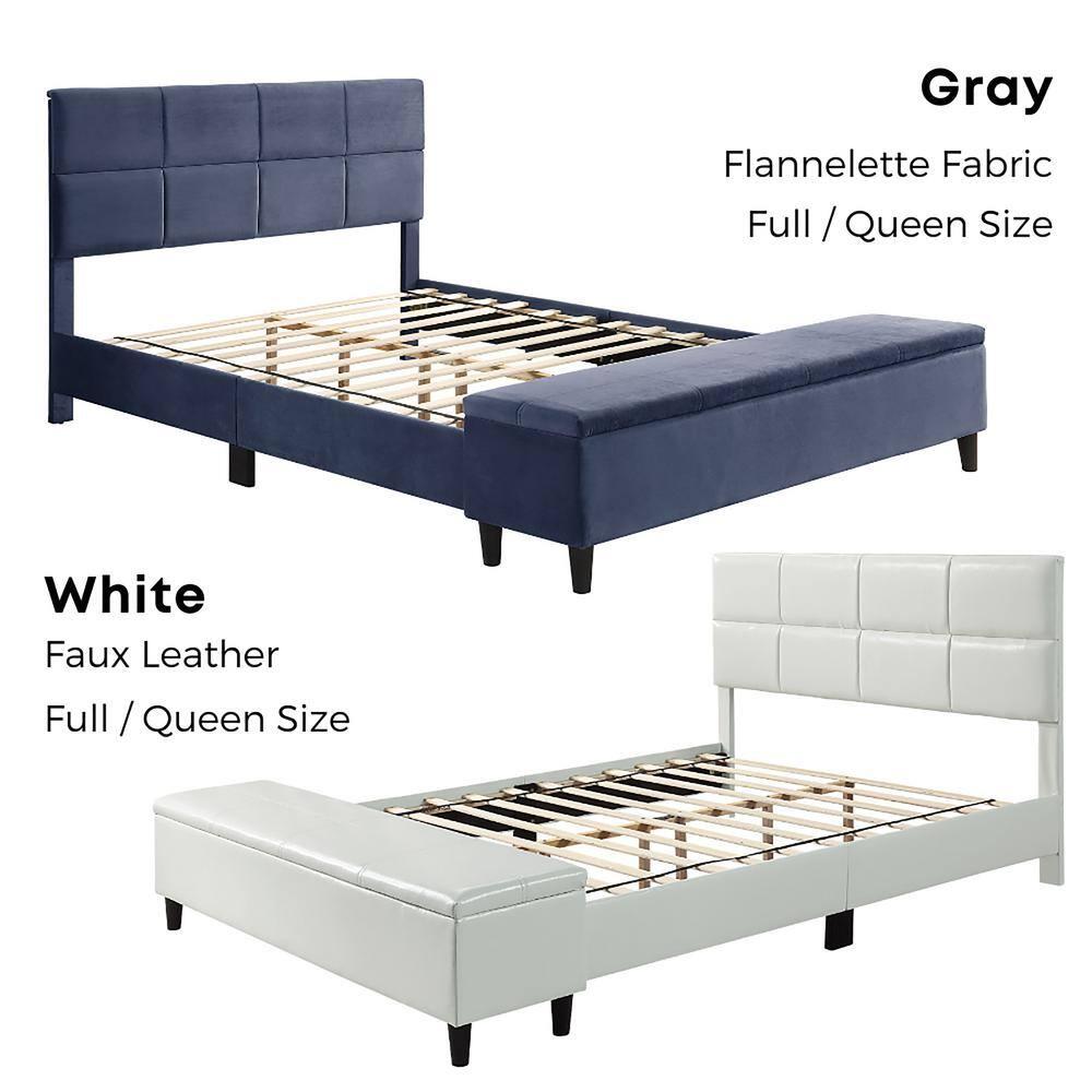 Full Kerwin Flannelette Bed with Bench Storage White - HOMES: Inside + Out: Upholstered Platform, No Box Spring Required