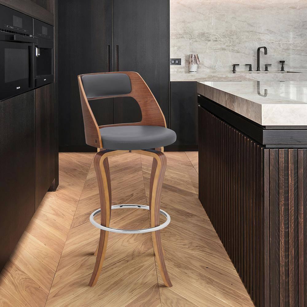 30 in. Grady Swivel Gray Faux Leather & Walnut Wood Bar Stool,