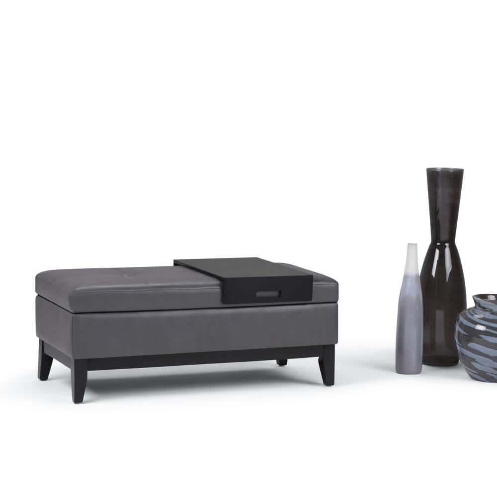 Simpli Home Oregon 42"W Upholstered Storage Ottoman Bench with Lift-Top Lid and Tray