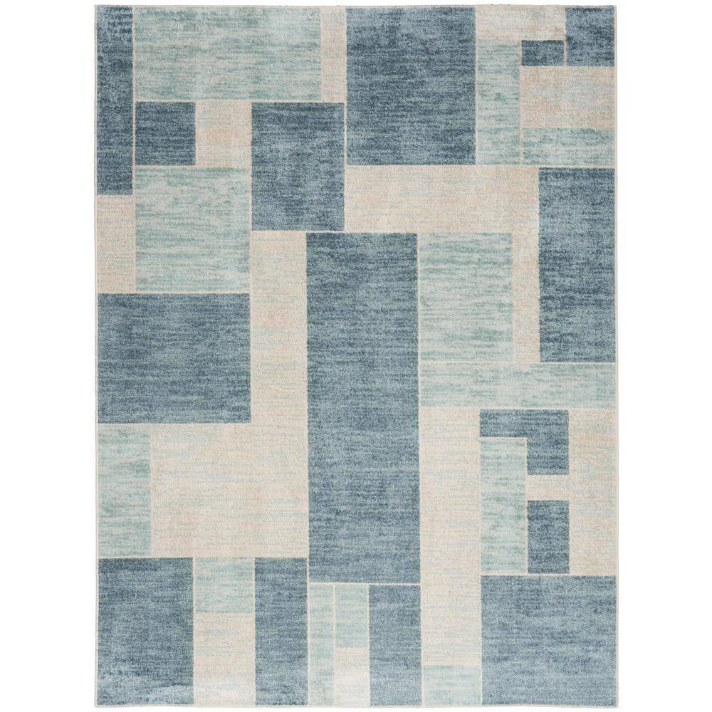 Nourison Astra Machine Washable Contemporary Color Block Indoor Rug Blue Ivory 5'3" x 7'
