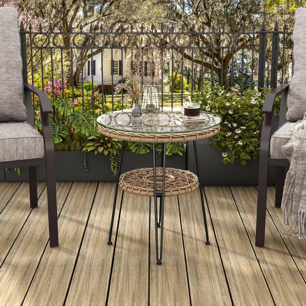 Furniture of America Noma Round 1-Shelf Metal and Rattan Natural Coffee Table with Glass Top