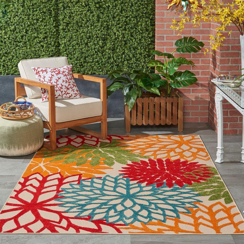 Nourison Aloha Floral Bloom Flatweave High-Low Indoor Outdoor Area Rug Green 3'6" x 5'6"