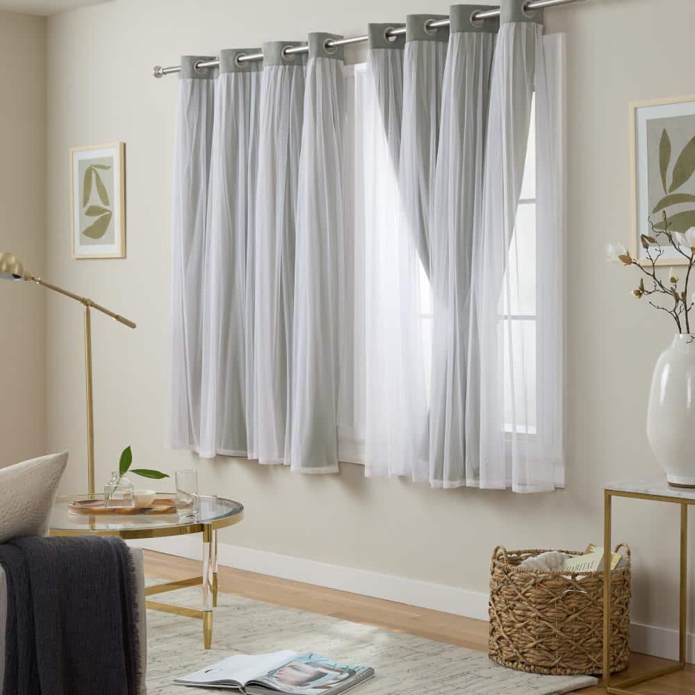Exclusive Home Catarina Layered Solid Room Darkening Blackout and Sheer Grommet Top Curtain Panel Pair, 52"x63", Soft Grey