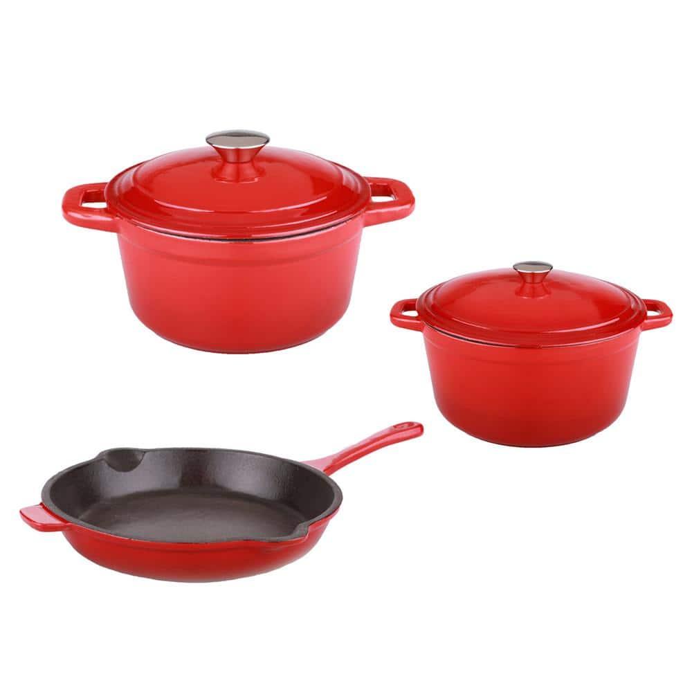 BergHOFF Neo 5Pc Cast Iron Set, 3Qt Covered Dutch Oven, 5Qt Covered Stock Pot, & 10" Fry Pan, Red