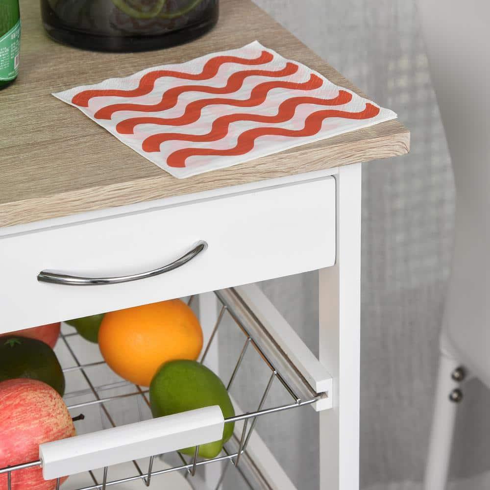 HOMCOM 32.25" Wooden Rolling Kitchen Storage Cart on 360° Swivel Wheels with Ample Storage Space & Solid Structure White