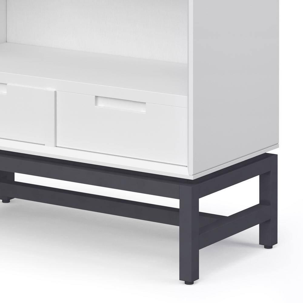 Simpli Home Banting 30"W Solid Wood 4 Shelf Industrial Bookcase with 2 Drawers, Adjustable Shelves, and Metal Base