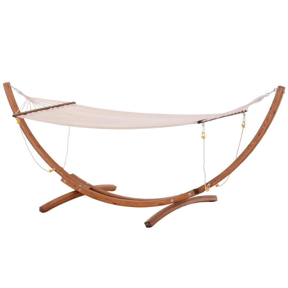 Outsunny Outdoor Hammock with Stand, Heavy Duty Wooden Frame, No Tree Needed, Indoor Outside Boho Style Nap Bed, Natural Cotton, White