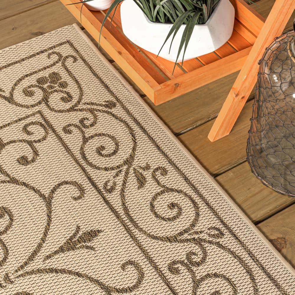 2' X 10' Charleston Vintage Filigree Textured Weave Indoor/Outdoor Runner Rug, Beige/Brown - JONATHAN Y