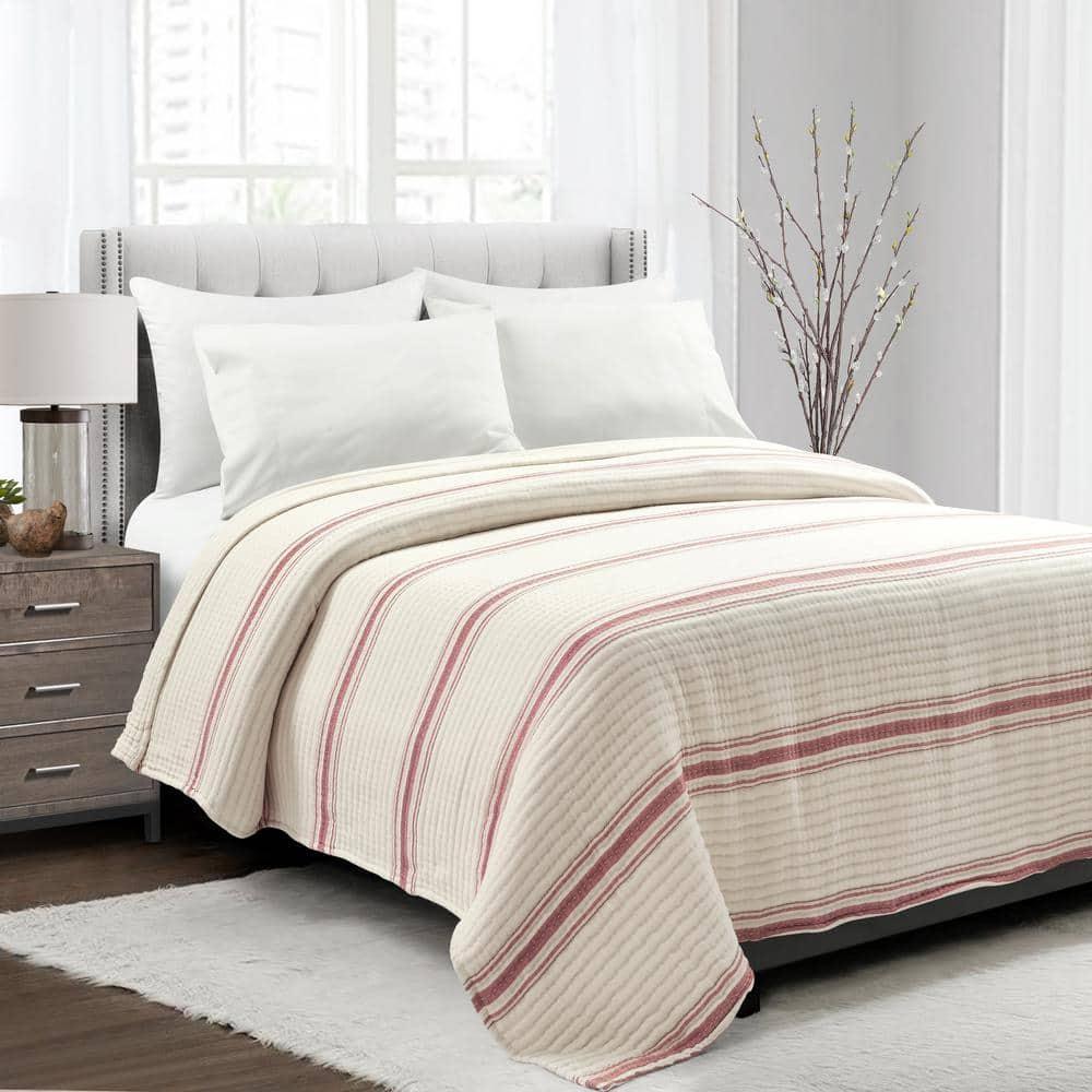 Lush Décor Full/Queen Farmhouse Stripe Kantha Pick Sti Thread Counth Yarn Dyed Woven Single Quilt/Coverlet Red: Reversible, OEKO-TEX Certified