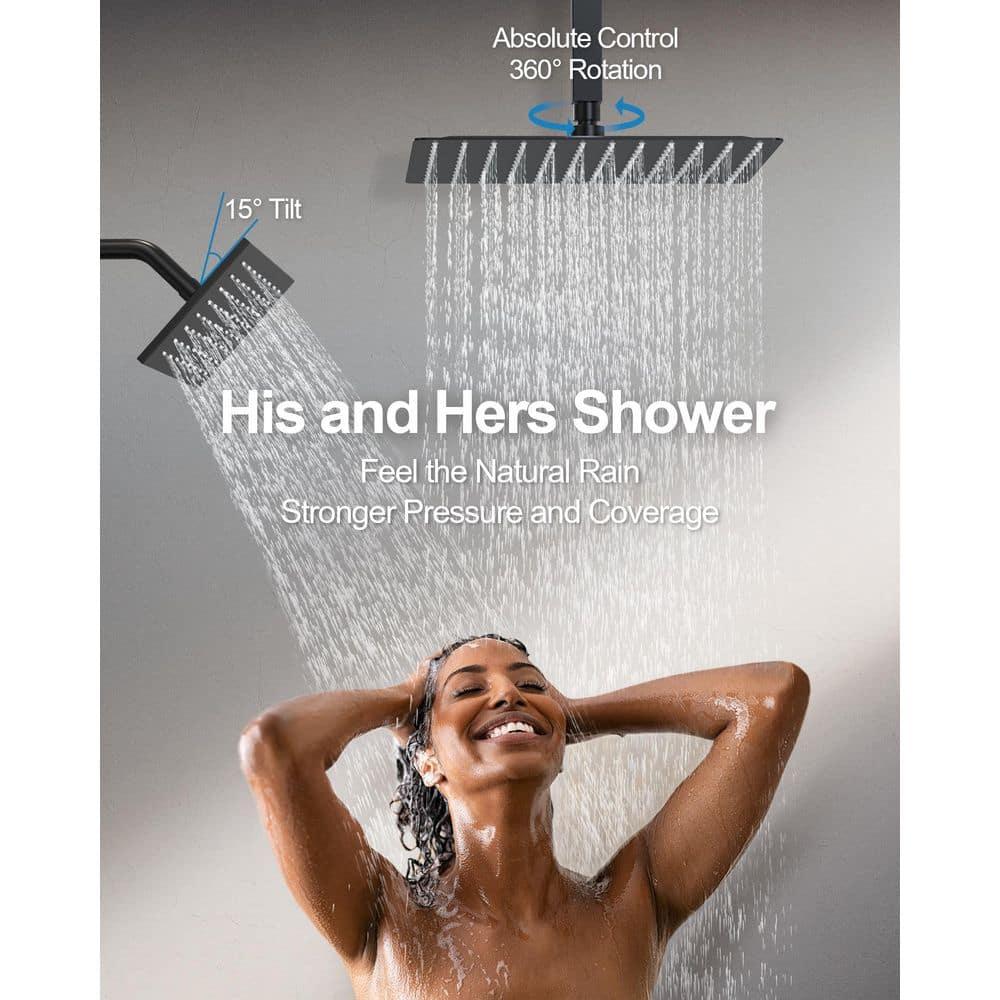 GRANDJOY 16 inch Complete Dual Shower Head System, Celling Mounted Shower Faucet Set with Hand Shower Head, Rough in-Valve, 6 Massage Body Jets - Matte Black