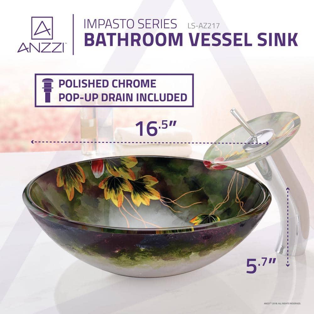 ANZZI Impasto 15.5'' Green Tempered Glass Circular Bathroom Sink with Faucet