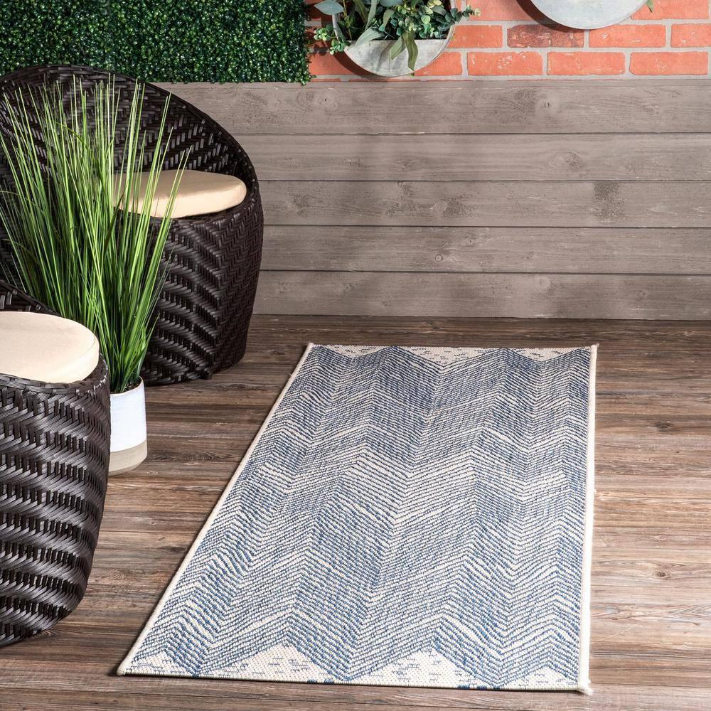 Dunham Abstract Indoor/Outdoor Area Rug for Living Room Patio Deck Front Porch Kitchen, Blue/Ivory