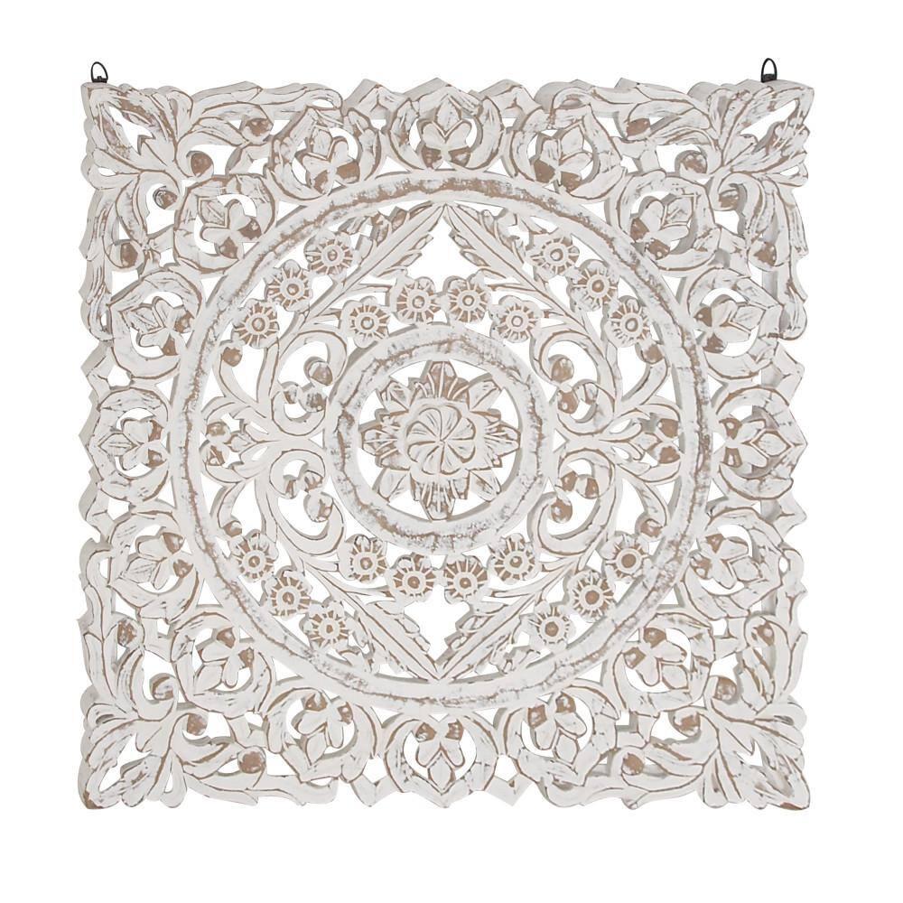 DecMode Traditional Wood Square White Handmade Wall Décor with Carved Mandala Design, 36"W x 36"H
