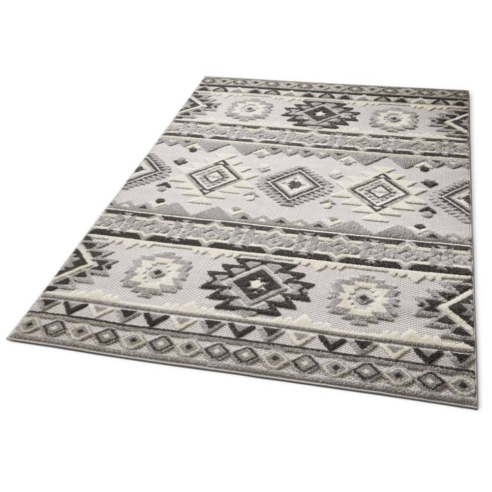 Ebern Designs Dickenson Mamba Geometric Grey Indoor/Outdoor Hi-Lo Area Rug