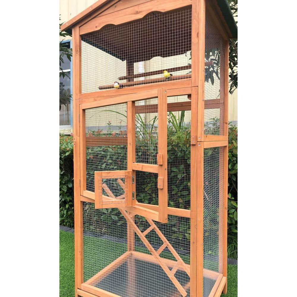 Hanover Outdoor Wooden Bird Cage with 3 Resting Bars, Ladder, Waterproof Roof and Removable Tray, 2.9 Ft. x 2.1 Ft. x 5.8 Ft.