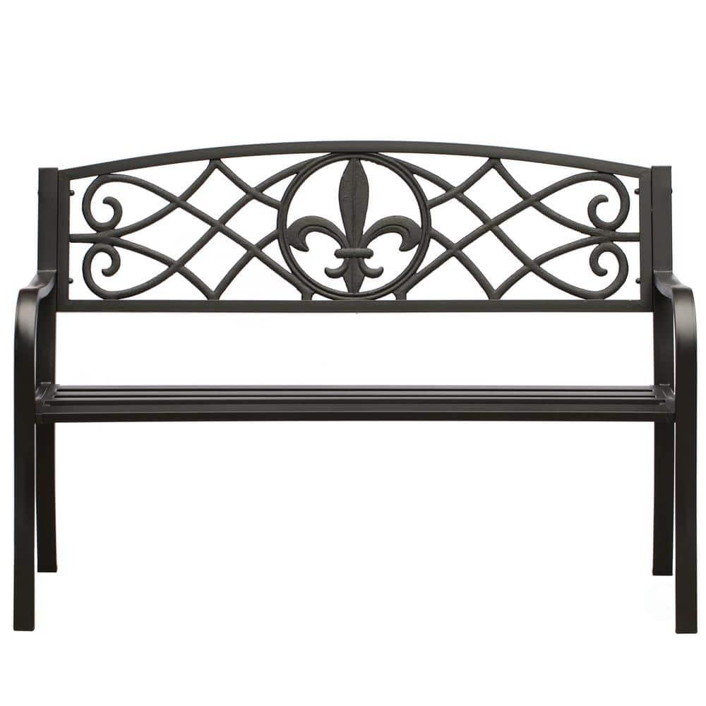 Outdoor Garden Patio Steel Park Bench Lawn Decor with Cast Iron Unique Design Back, Black Seating Bench for Yard, Patio, Garden, Balcony, and Deck