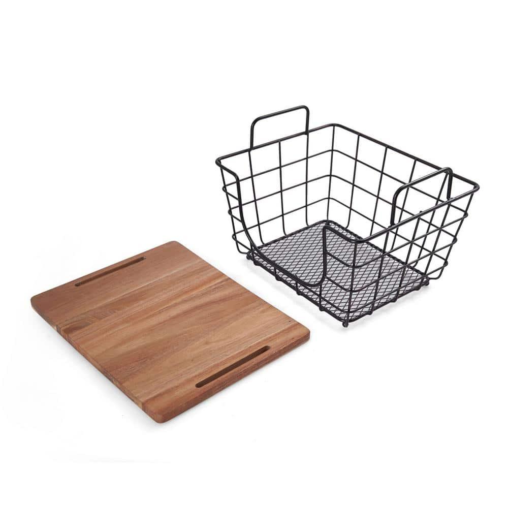 Gourmet Basics by Mikasa Madam Metal Stacking/Nesting Rectangular Basket with Acacia Lid, Antique Black