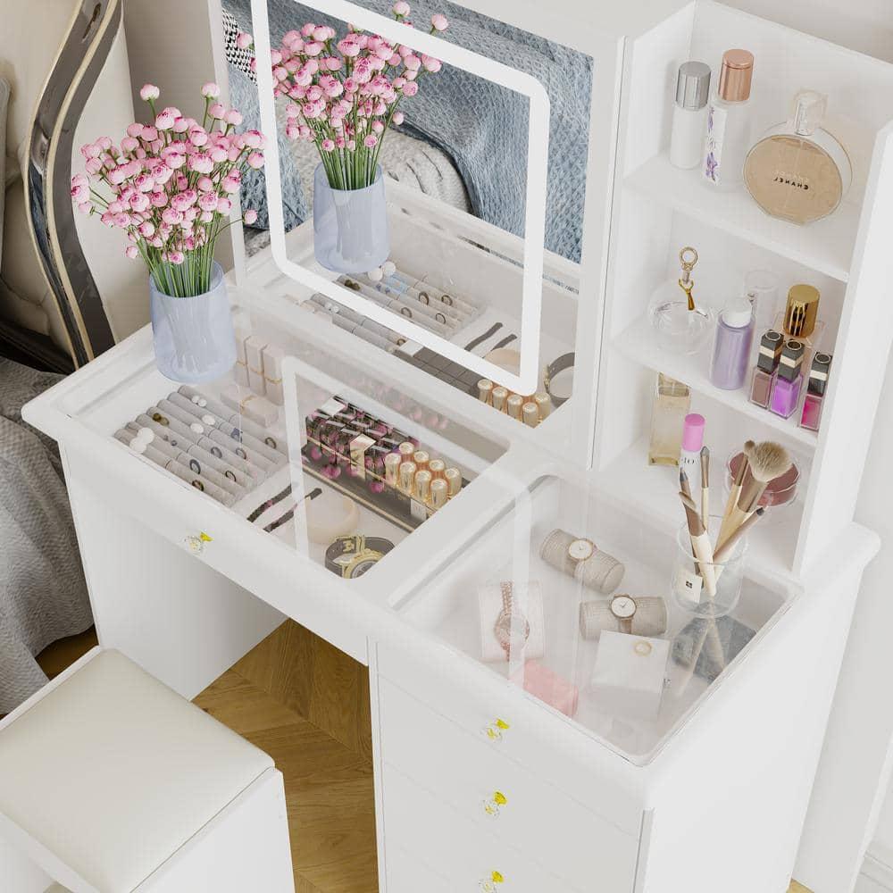 FUFU&GAGA White Makeup Vanity Table With Mirror Storage Drawer Dresser Table