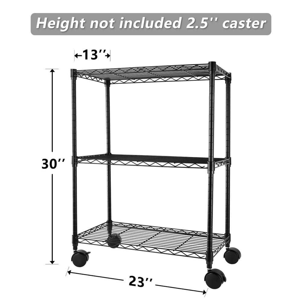Black Adjustable 3-Tier Metal Wire Shelving Unit with Wheels