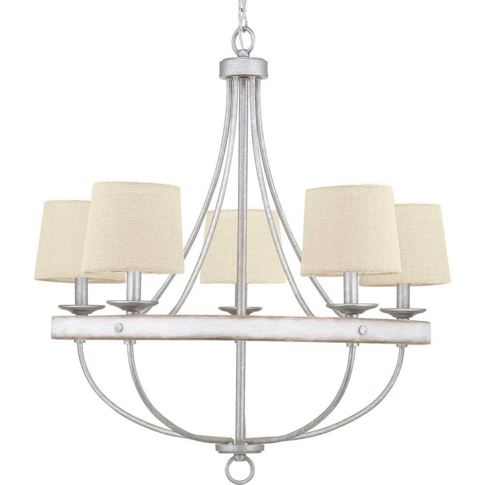 Progress Lighting Gulliver 5-Light Chandelier, Galvanized Finish, Wood Grained Texture Shade