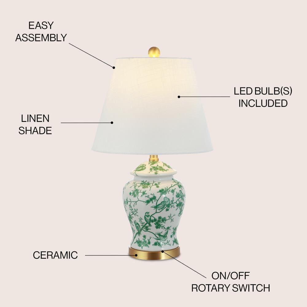 JONATHAN Y JYL3005B Penelope 22" French Country Cottage Ceramic/Iron Chinoiserie Ginger Jar LED Table Lamp, Classic for living room, dinning room, bedroom Bulb Included, White/Green