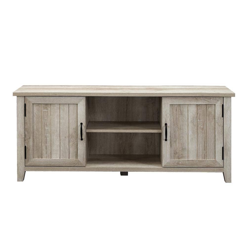 Transitional Grooved-Door 58" White Oak TV Stand with Cabinet