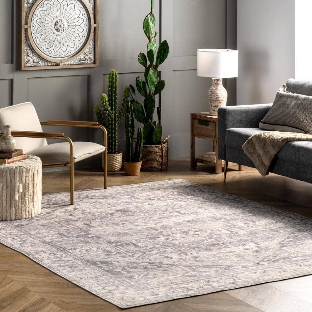 Nuloom Brielle Pet Friendly Machine Washable Vintage Medallion Area Rug, 4' x 6', Grey
